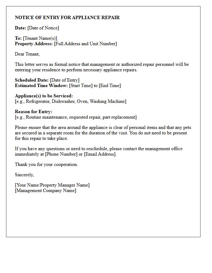 Appliance Repair Entry Notice Letter