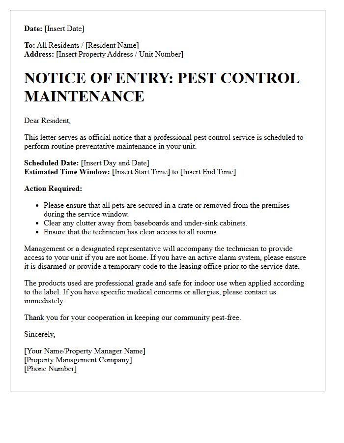 Pest Control Maintenance Entry Letter