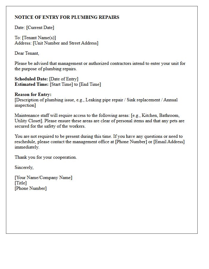 Plumbing Repair Notice of Entry Letter