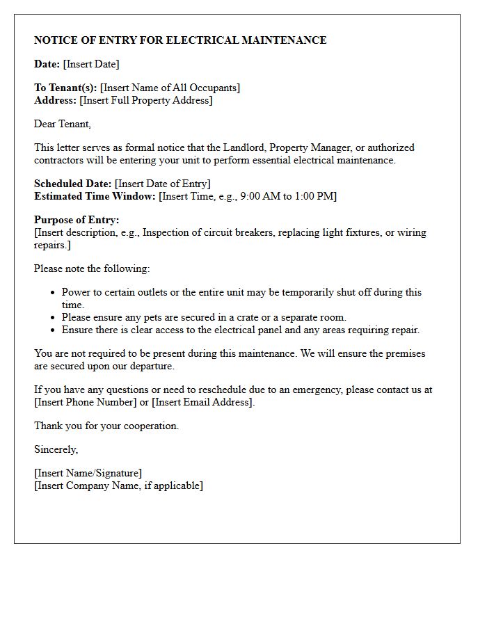 Electrical Maintenance Entry Notice Letter