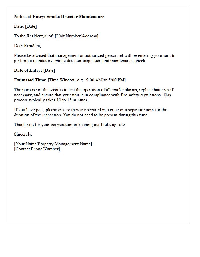 Smoke Detector Maintenance Entry Letter