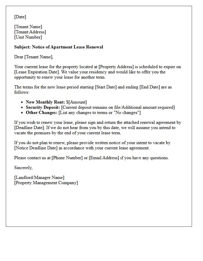Notice of Apartment Lease Renewal Letter