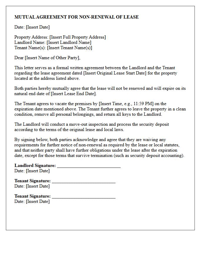 Mutual Agreement For Non-Renewal Of Lease Letter