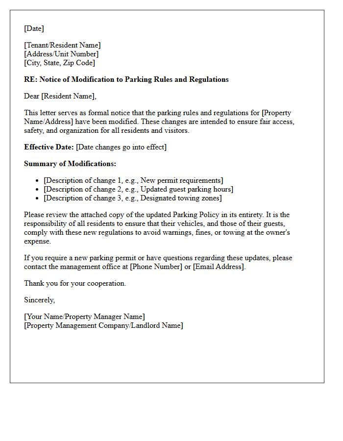 Parking Rules Modification Notice Letter