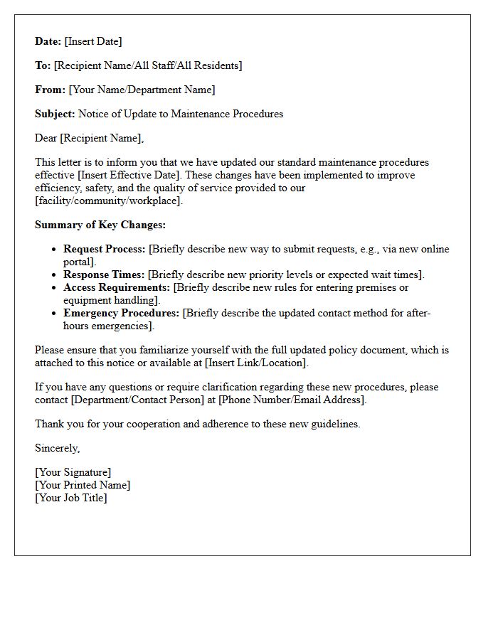 Maintenance Procedure Update Notice Letter
