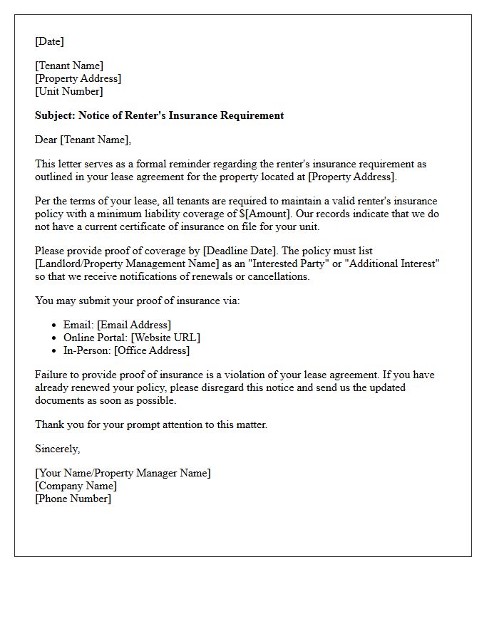 Renter Insurance Requirement Notice Letter