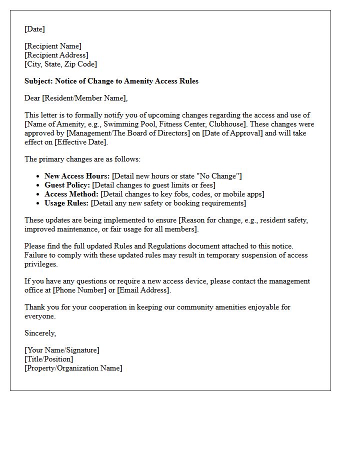 Amenity Access Rule Change Notice Letter