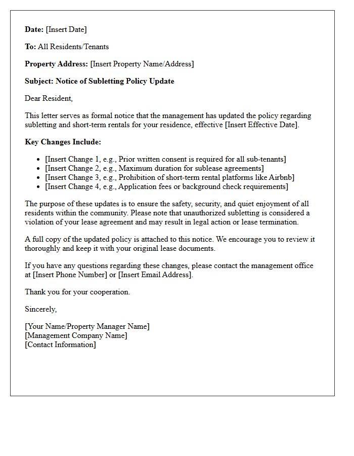 Subletting Policy Update Notice Letter