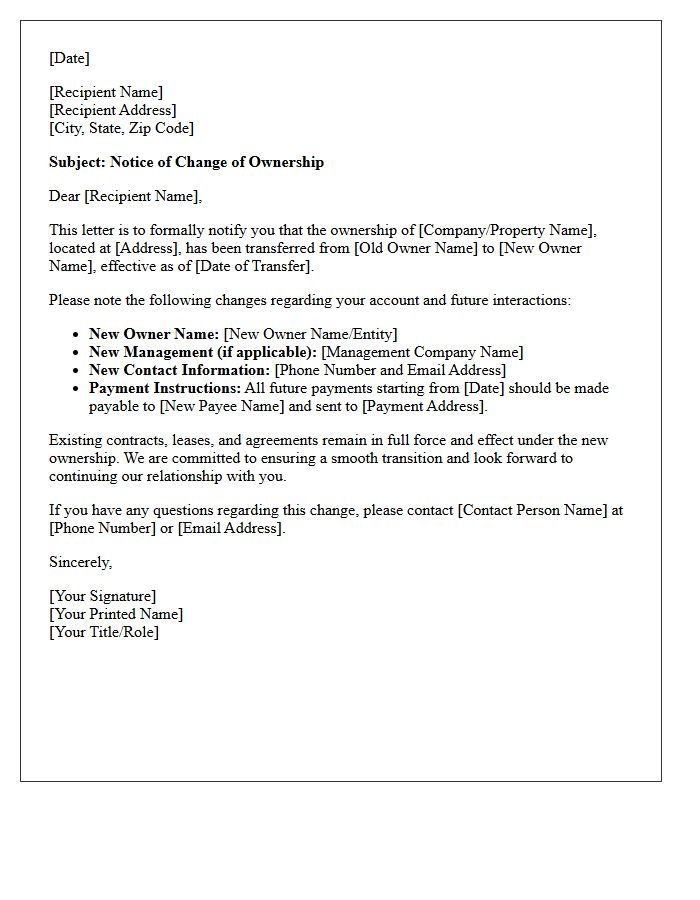 Notice of Change of Ownership Letter
