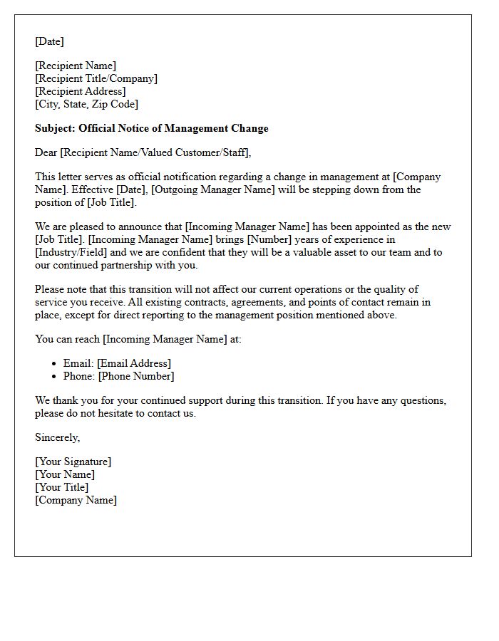 Official Notice of Management Change Letter