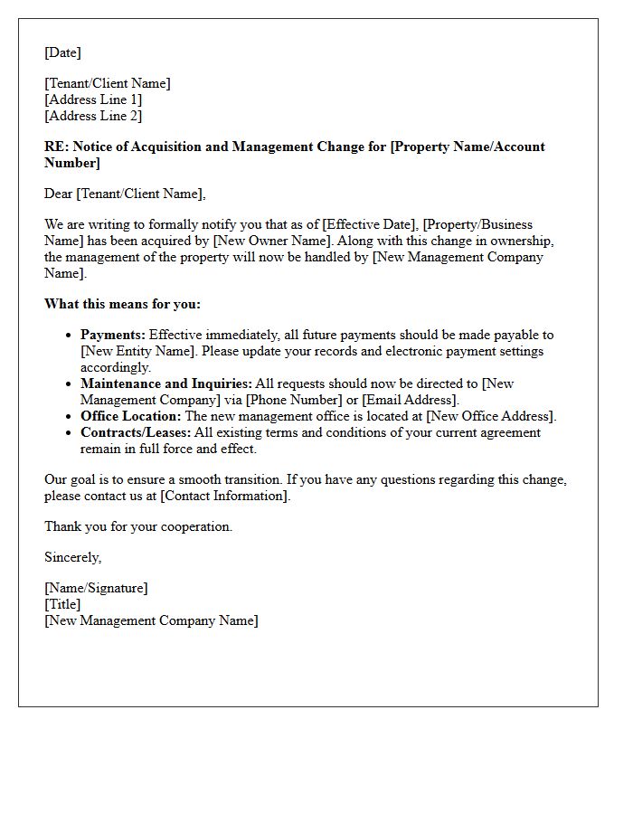 Notice of Acquisition and Management Change Letter