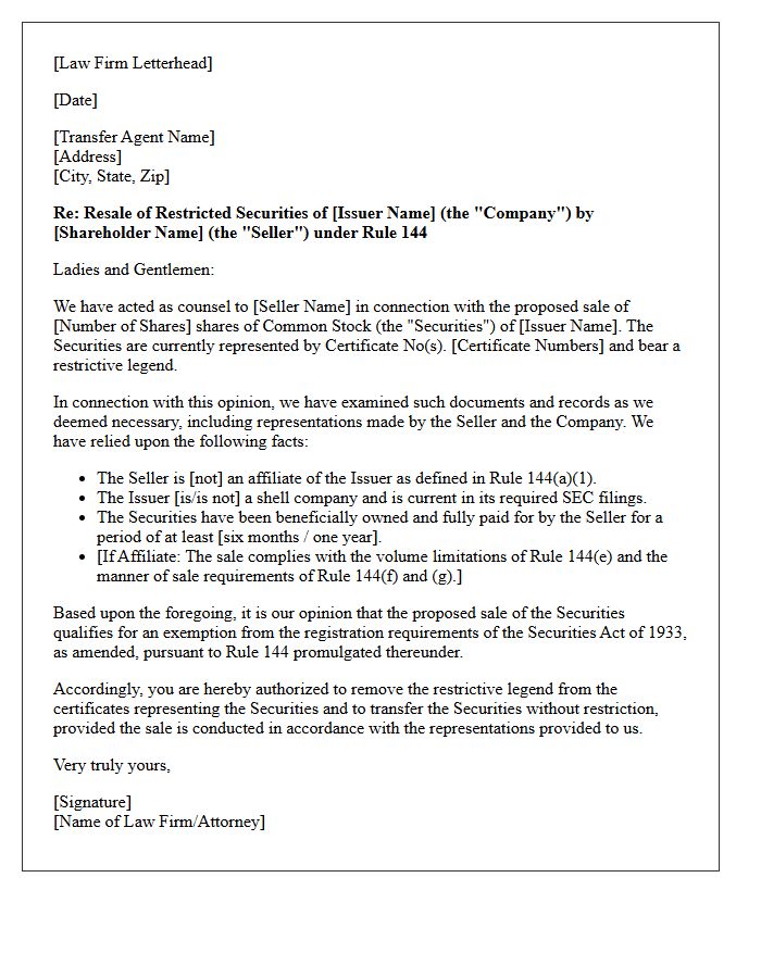 Rule 144 Restricted Securities Exemption Opinion Letter