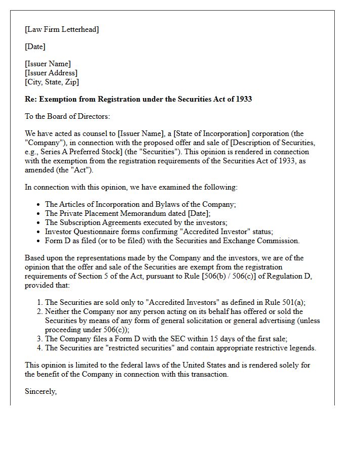 Regulation D Securities Exemption Opinion Letter