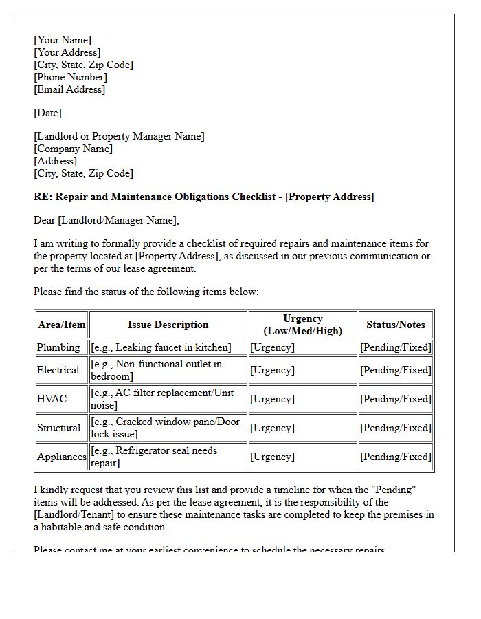 Repair and Maintenance Obligations Checklist