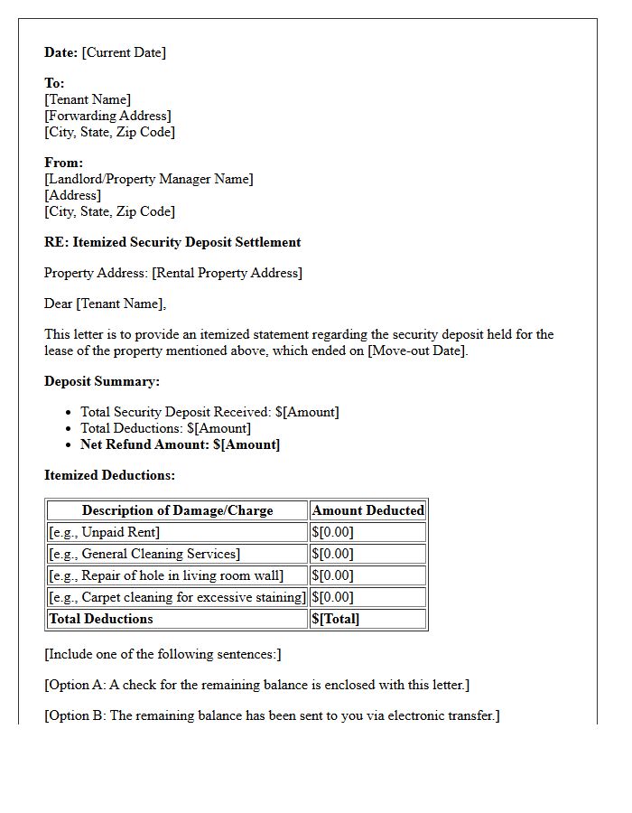 Standard Move-Out Itemized Security Deposit Deduction Notice Letter