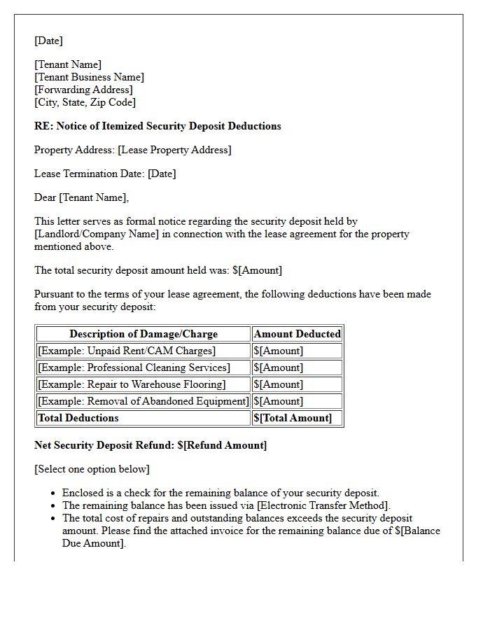 Commercial Lease Itemized Security Deposit Deduction Notice Letter