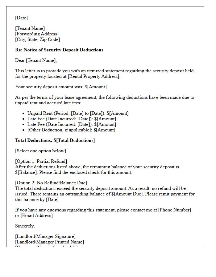 Unpaid Rent and Late Fee Security Deposit Deduction Notice Letter