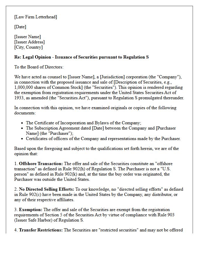Regulation S Securities Exemption Opinion Letter