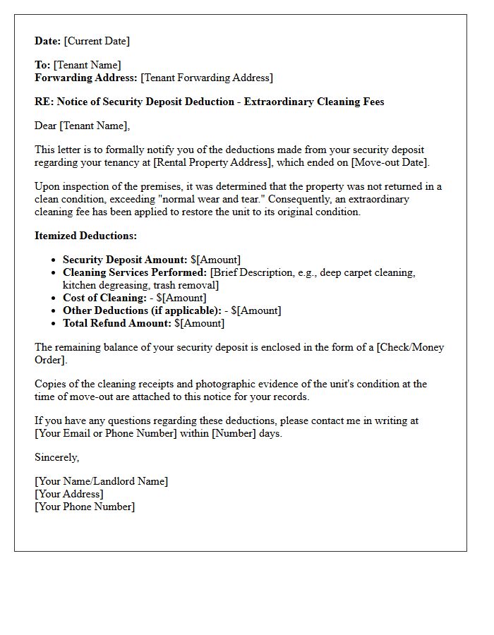 Extraordinary Cleaning Fee Security Deposit Deduction Notice Letter