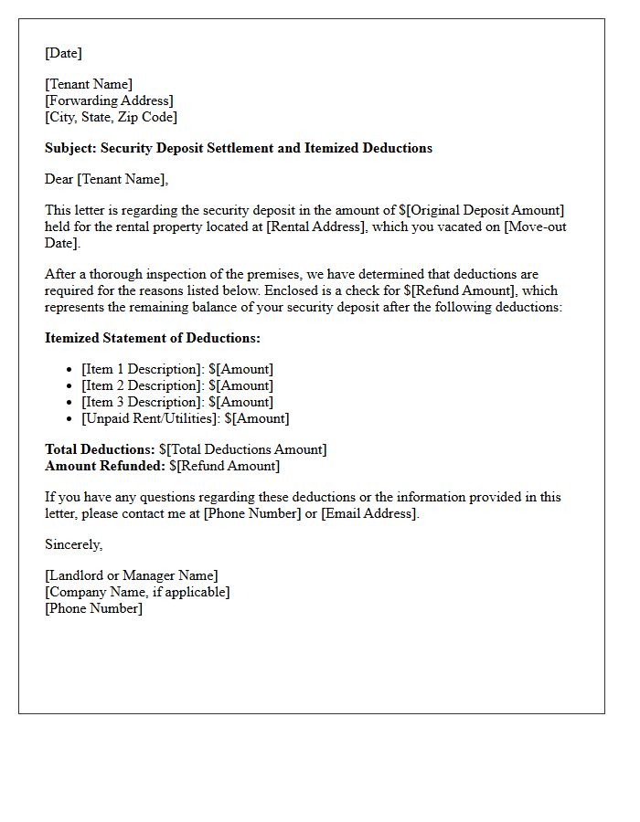 Partial Refund and Itemized Security Deposit Deduction Notice Letter