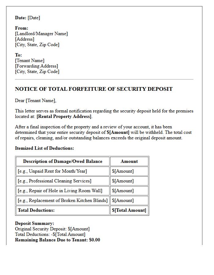 Total Forfeiture Itemized Security Deposit Deduction Notice Letter