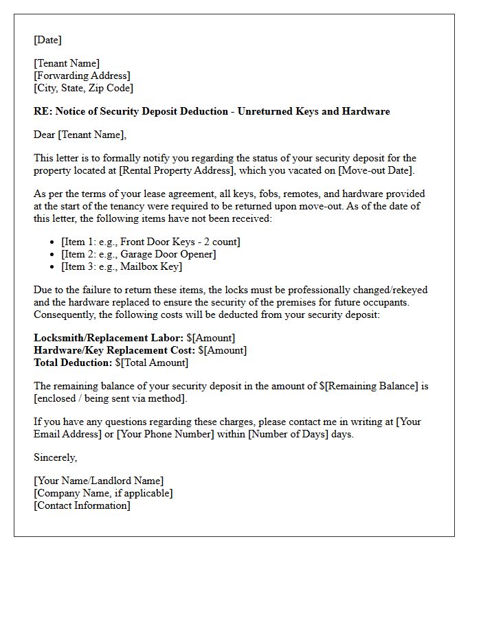 Unreturned Keys and Hardware Security Deposit Deduction Notice Letter
