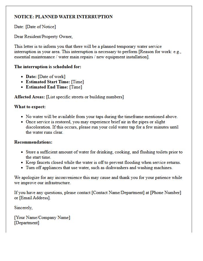 Notice of Planned Residential Water Interruption Letter