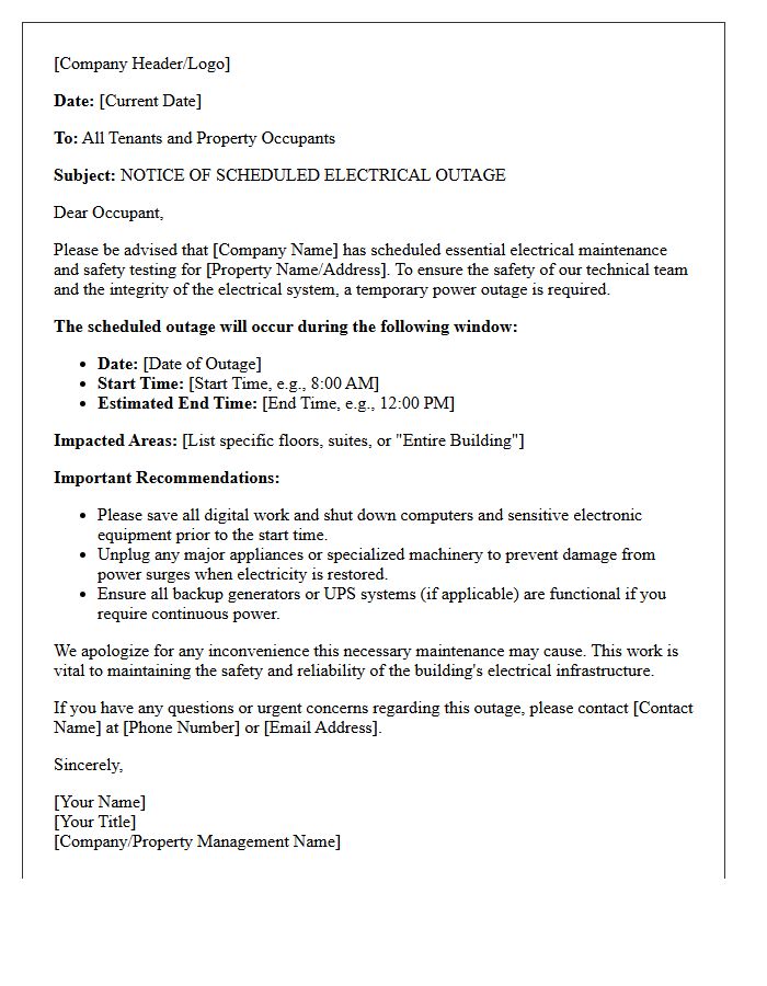 Commercial Electrical Maintenance Scheduled Outage Letter