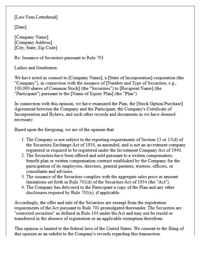 Rule 701 Securities Exemption Opinion Letter