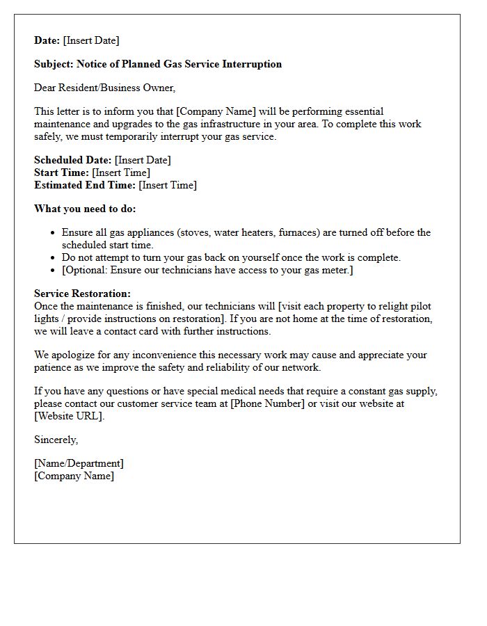 Planned Gas Service Interruption Notification Letter