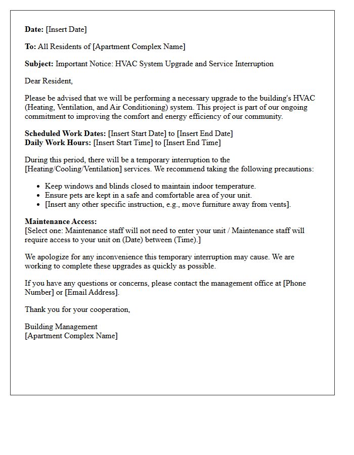 Apartment Complex HVAC System Upgrade Interruption Letter
