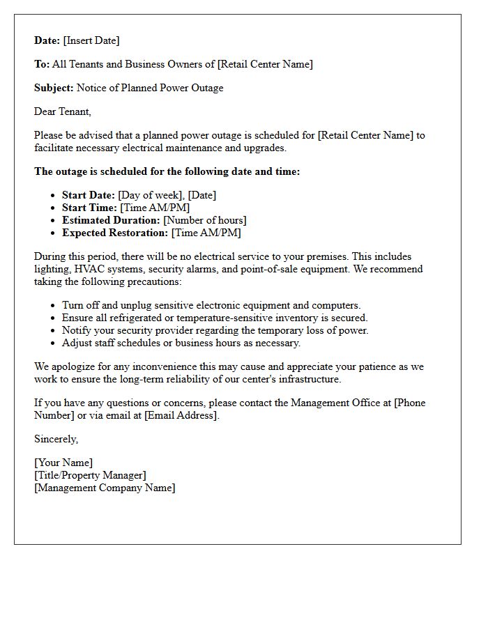 Retail Center Planned Power Outage Notice Letter