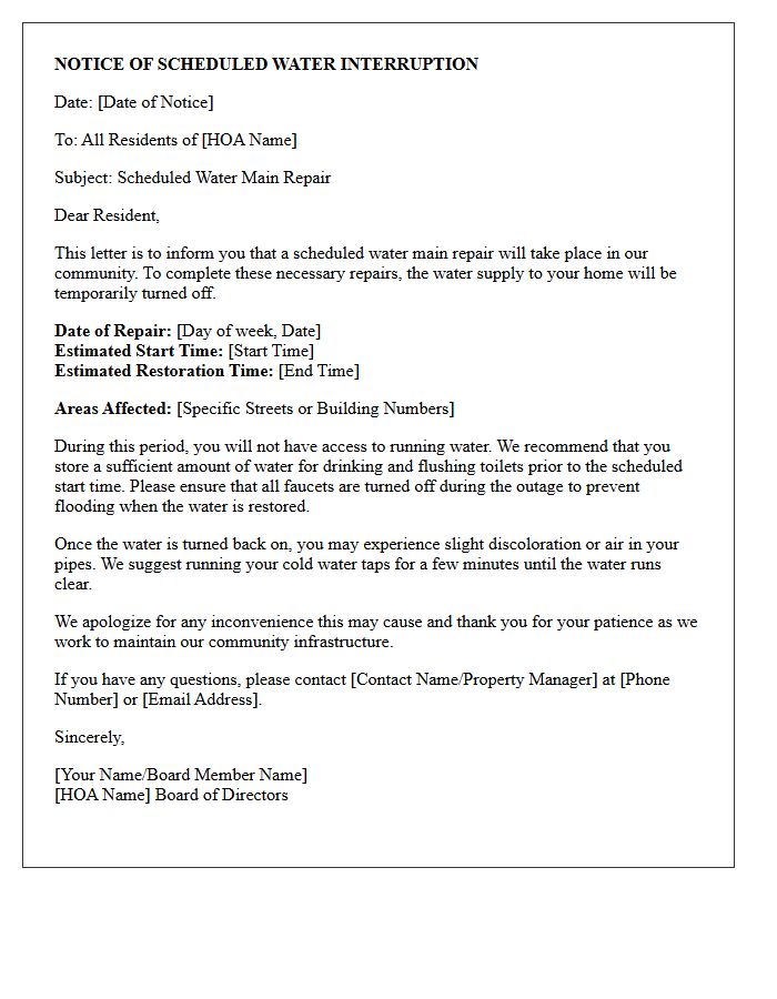 HOA Scheduled Water Main Repair Interruption Letter