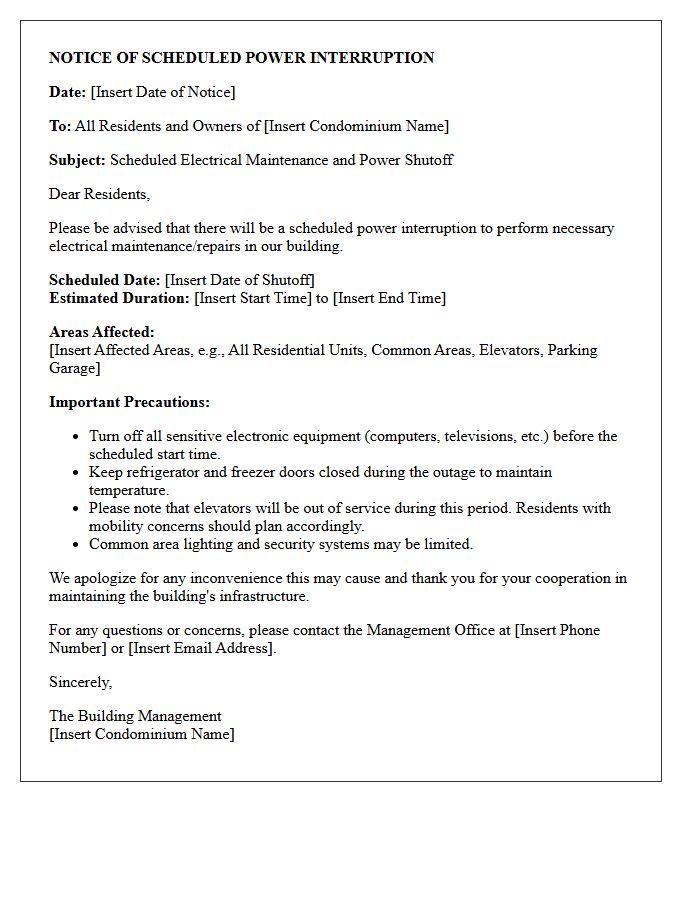Condominium Scheduled Power Shutoff Notice Letter