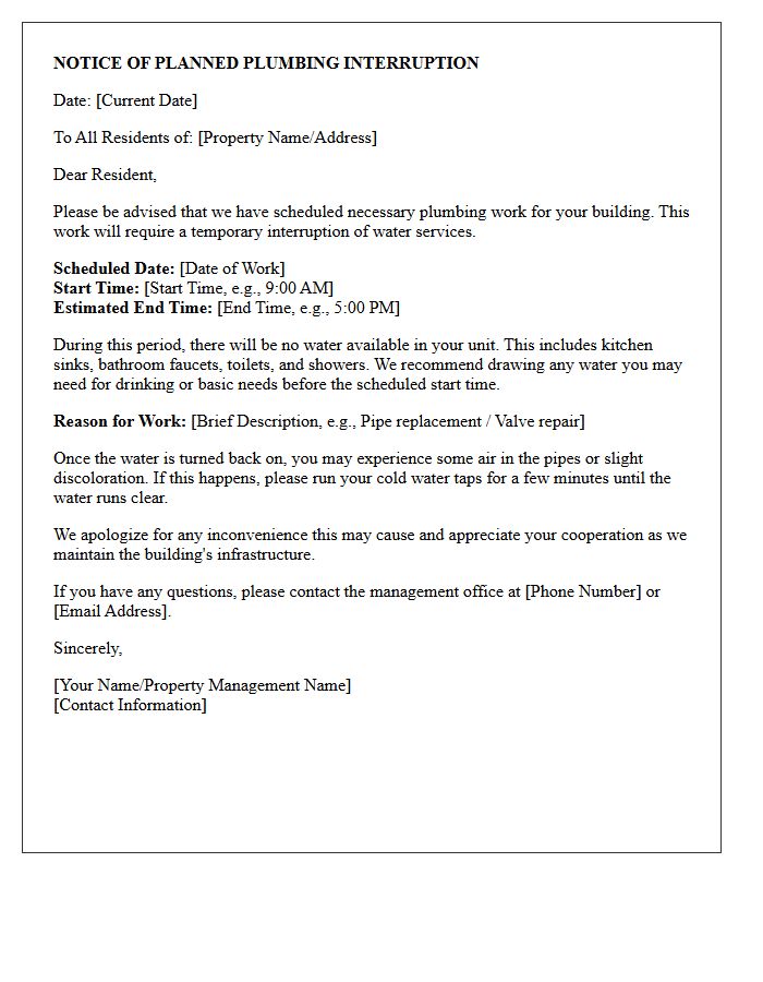 Landlord Notice of Planned Plumbing Interruption Letter