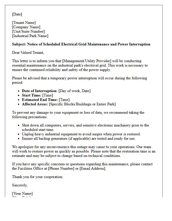 Industrial Park Grid Maintenance Interruption Letter