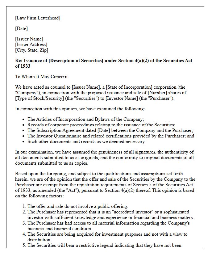 Section 4(a)(2) Securities Exemption Opinion Letter