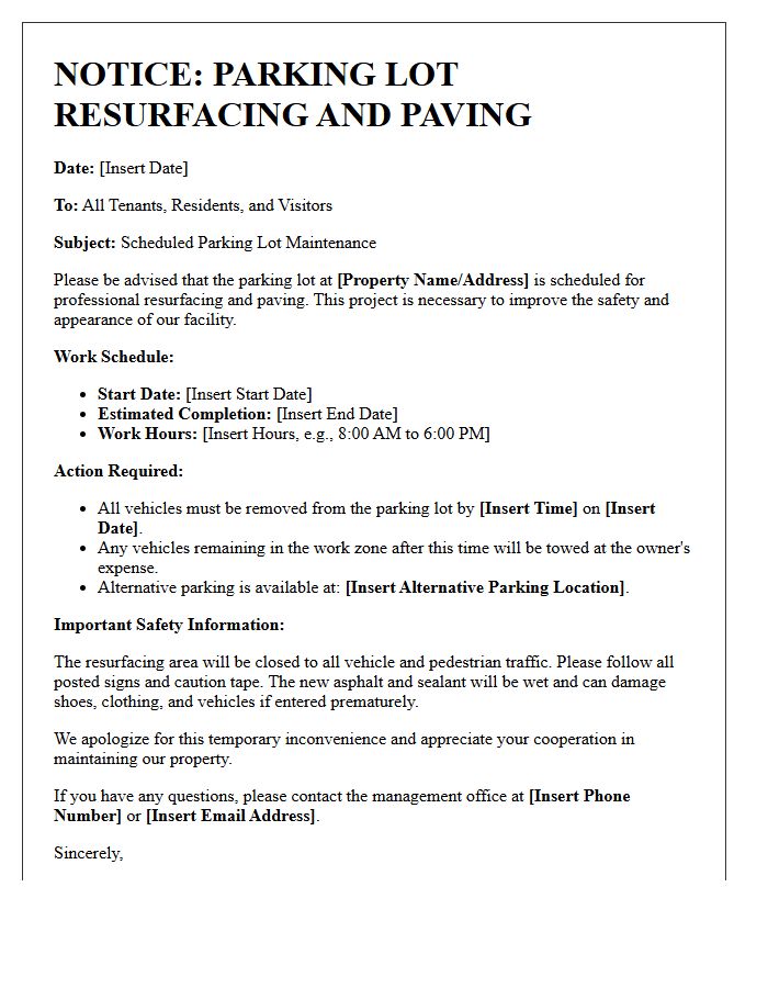 Parking Lot Resurfacing and Paving Notice Letter