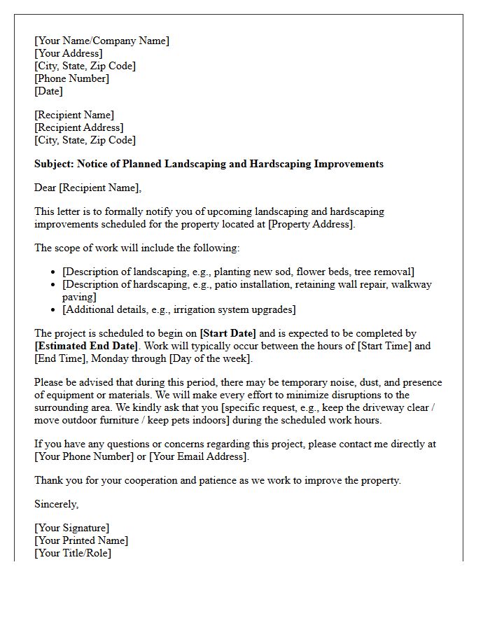 Landscaping and Hardscaping Improvement Notice Letter