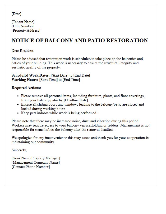 Balcony and Patio Restoration Notice Letter
