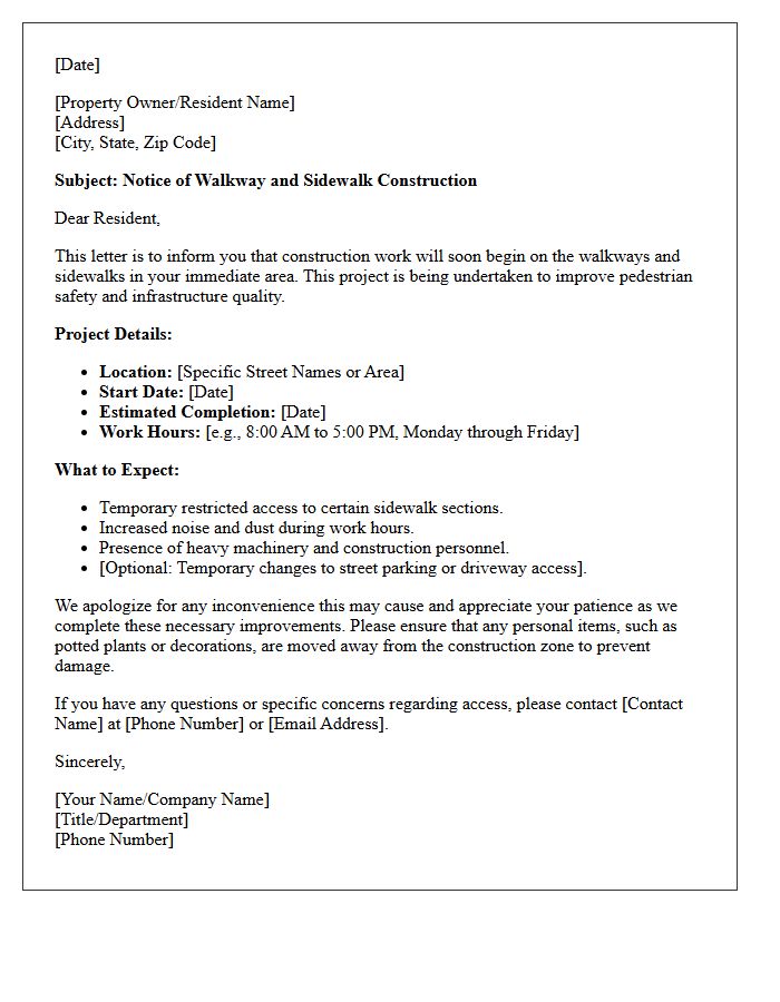 Walkway and Sidewalk Construction Notice Letter