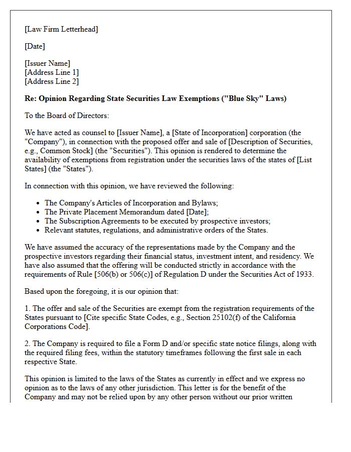 Blue Sky State Securities Exemption Opinion Letter