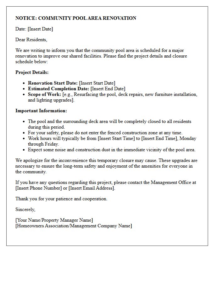 Community Pool Area Renovation Notice Letter