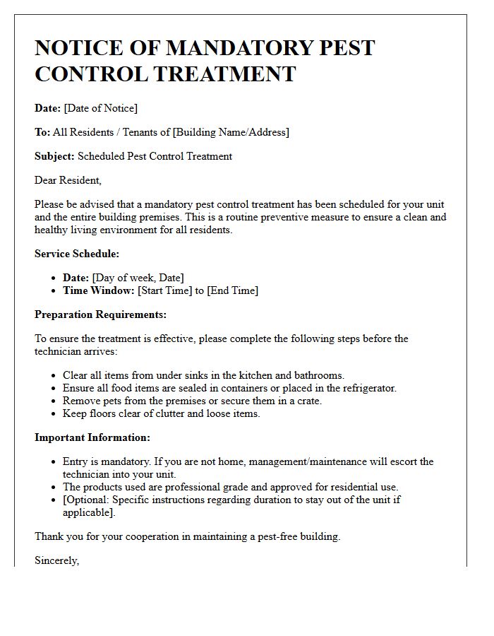 Letter Of Notice For Mandatory Pest Control Treatment