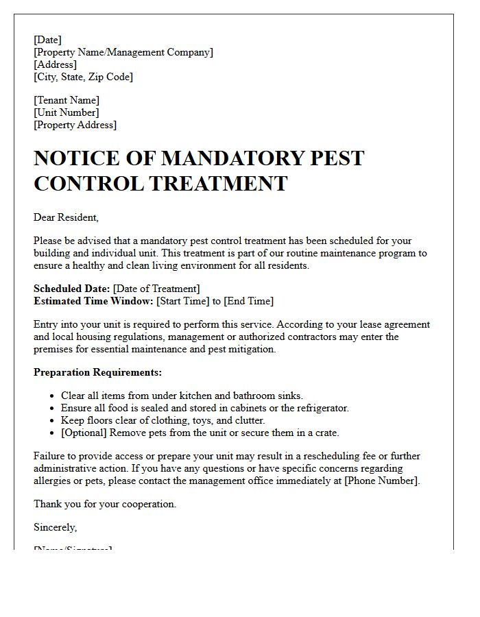 Official Letter Regarding Mandatory Property Pest Treatment