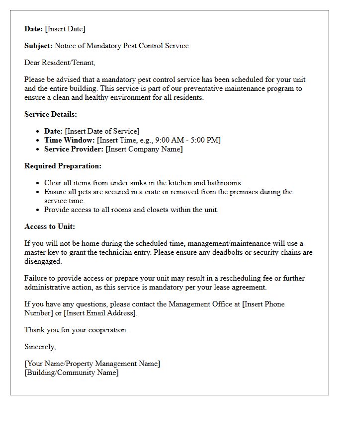 Mandatory Pest Control Service Notification Letter