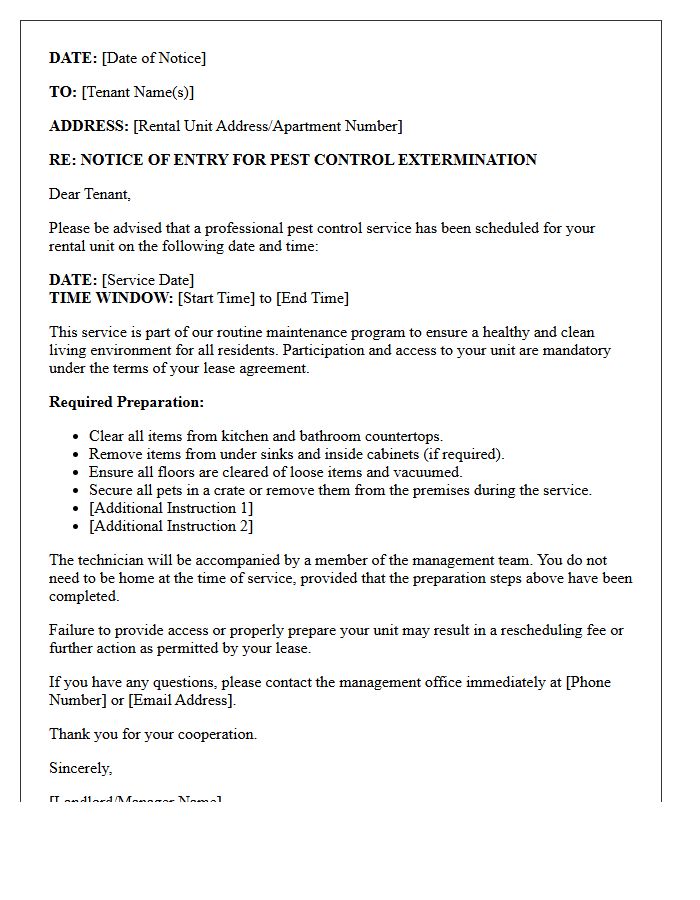 Tenant Notice Letter For Required Pest Control Extermination