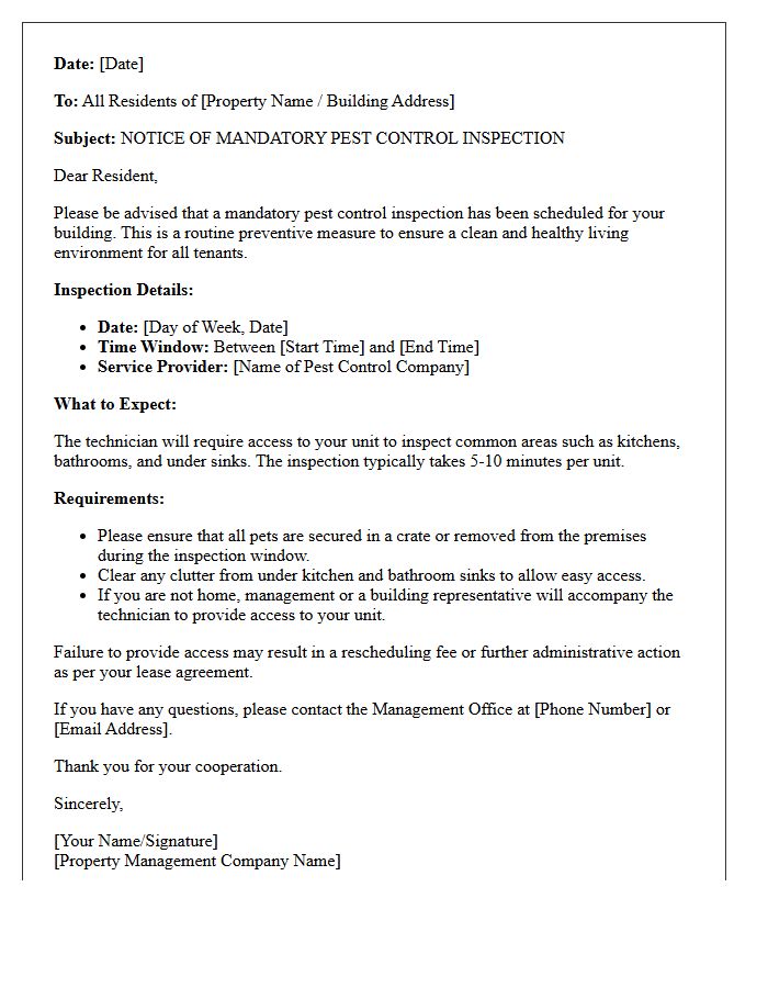 Real Estate Management Letter For Mandatory Pest Inspection