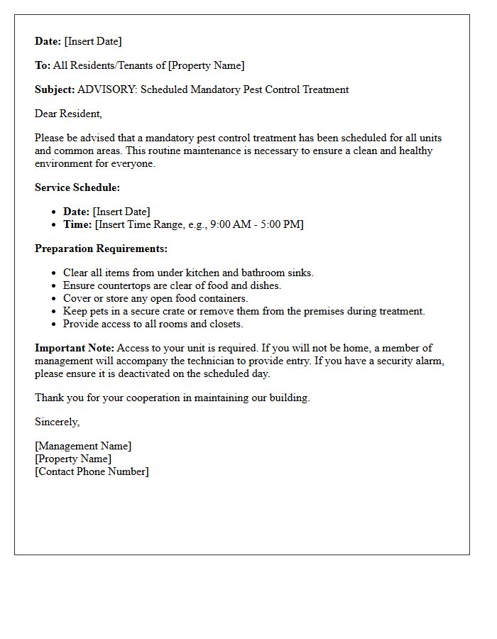 Scheduled Mandatory Pest Control Treatment Advisory Letter