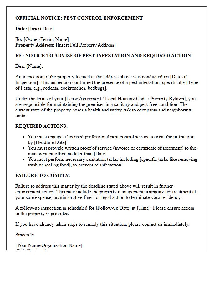Property Pest Control Enforcement Notice Letter